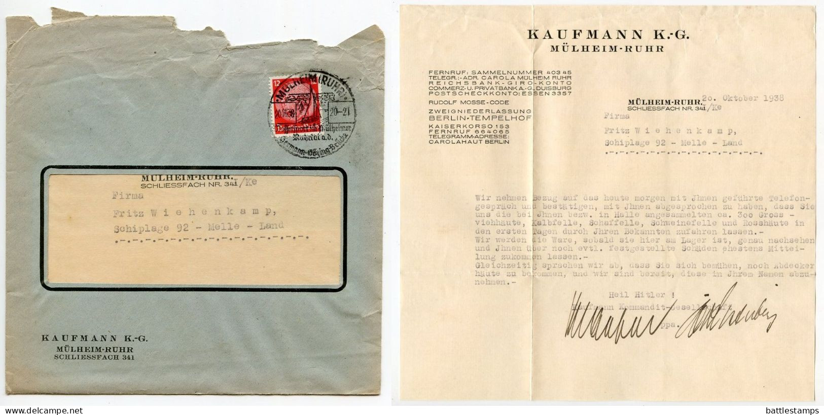 Germany 1938 Cover & Letter; Mülheim (Ruhr) - Kaufamnn K.-G. To Schiplage; 12pf. Hindenburg; Pictorial Postmark - Cartas & Documentos