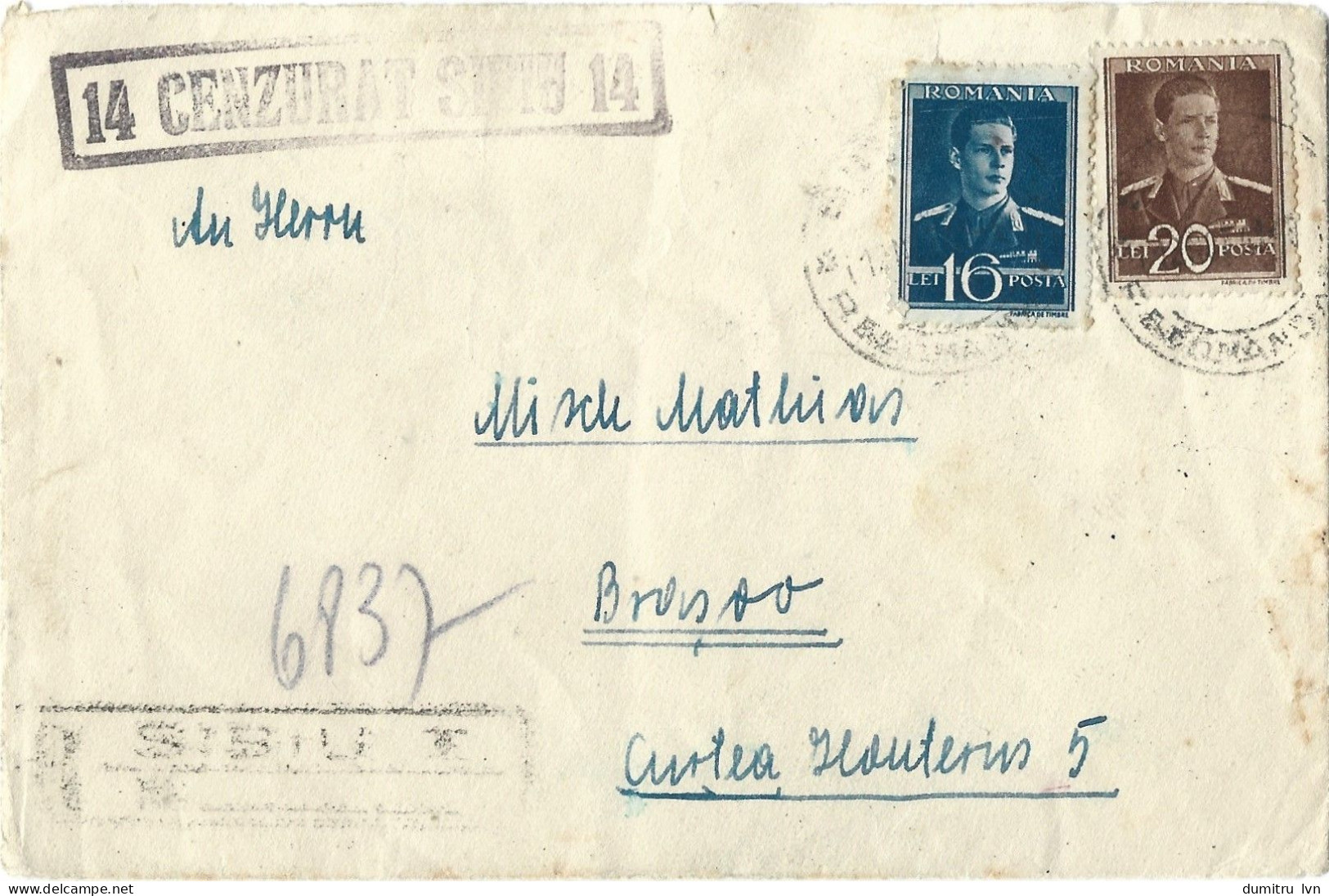 ROMANIA 1943 CENSORED SIBIU 14, CIRCULATED ENVELOPE FROM SIBIU TO BRASOV, COVER STATIONERY - Postwaardestukken