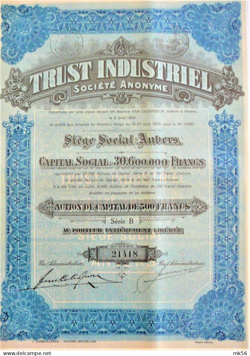 S.A. Trust Industriel - Act.de Capital De 500 Fr.  (1929) - Anvers - Altri & Non Classificati