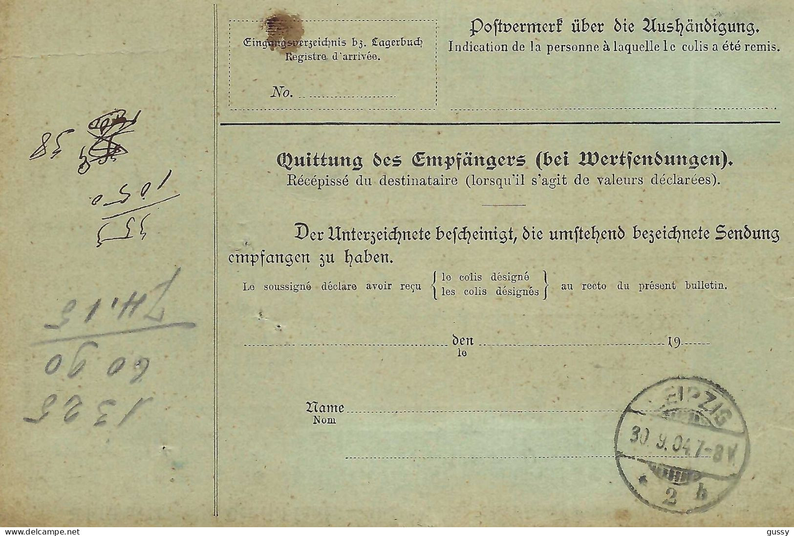 ALLEMAGNE Ca.1904: Bulletin D'Expédition De Zwickau Pour Genève (Suisse) - Covers & Documents