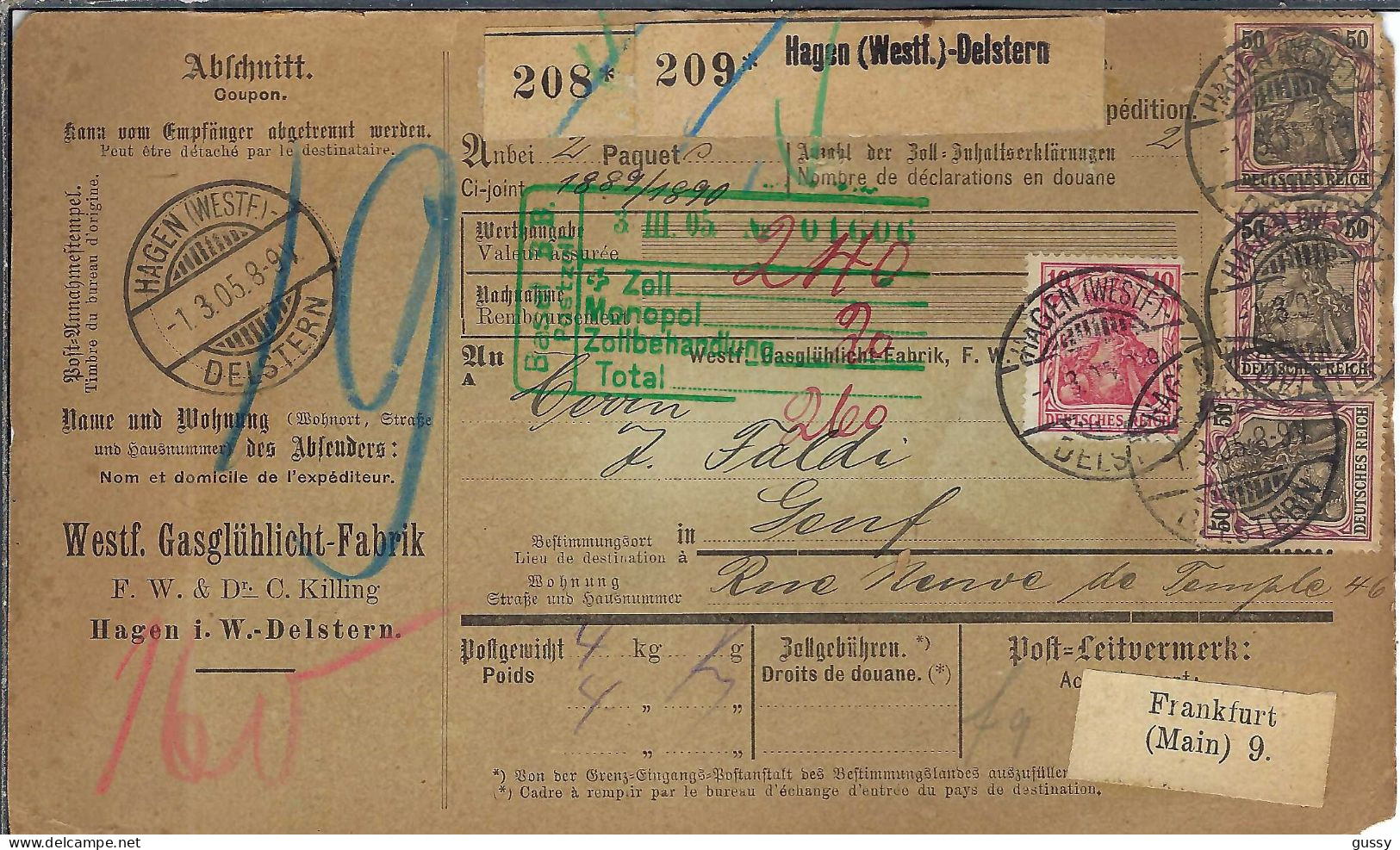 ALLEMAGNE Ca.1905: Bulletin D'Expédition De Hagen Pour Genève (Suisse) - Lettres & Documents