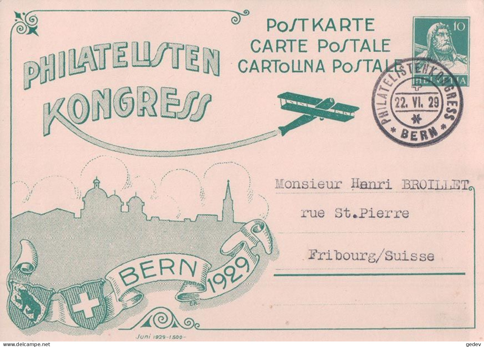 Suisse Entier Postal, Philtelisten Kongress Bern 1929 (22.6.1929) 10x15 - Entiers Postaux