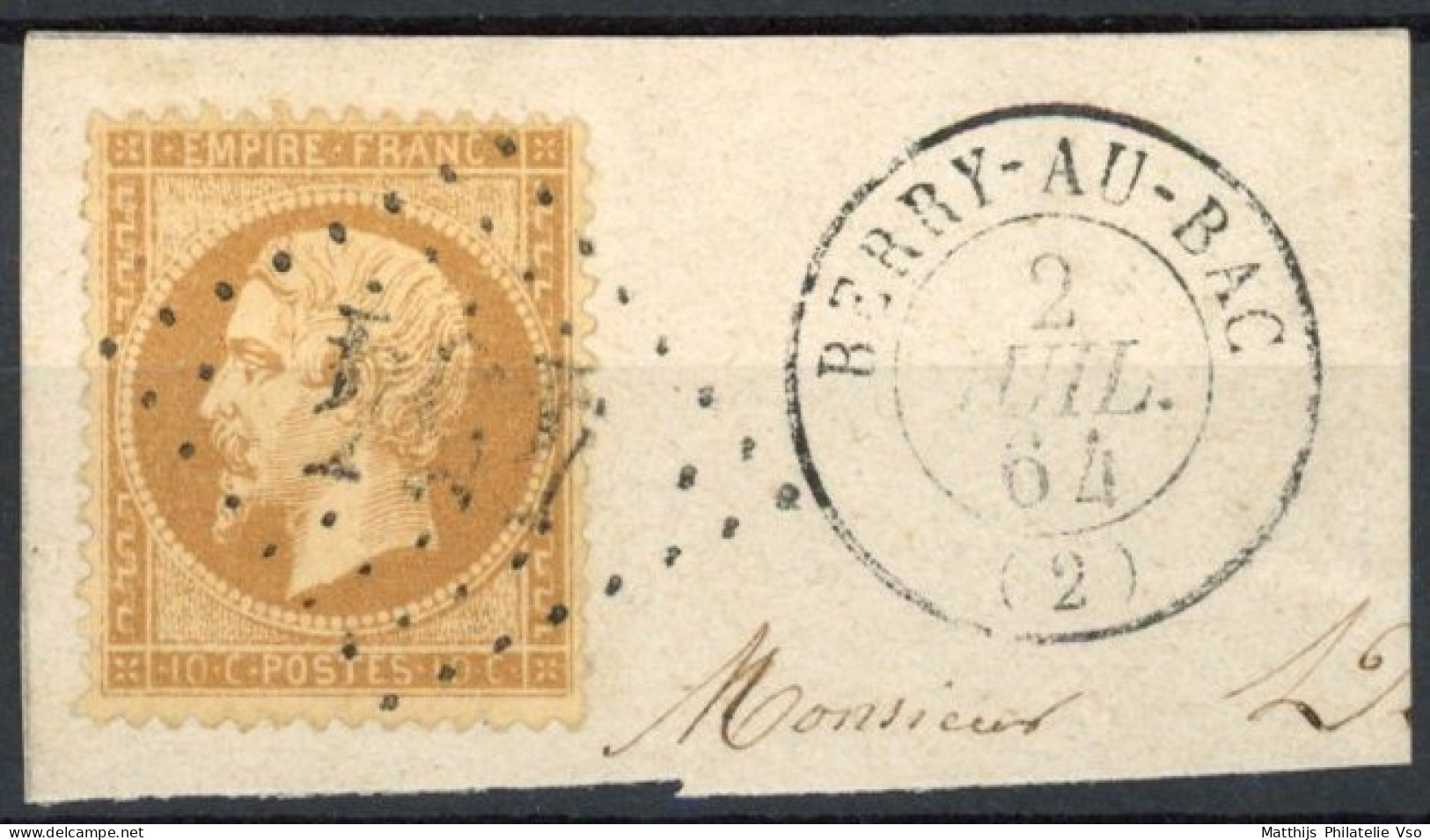 [O SUP] N° 21, 10c Bistre Sur Fragment - Superbe Obl 'GC454' Berry Au Bac - 1862 Napoléon III.