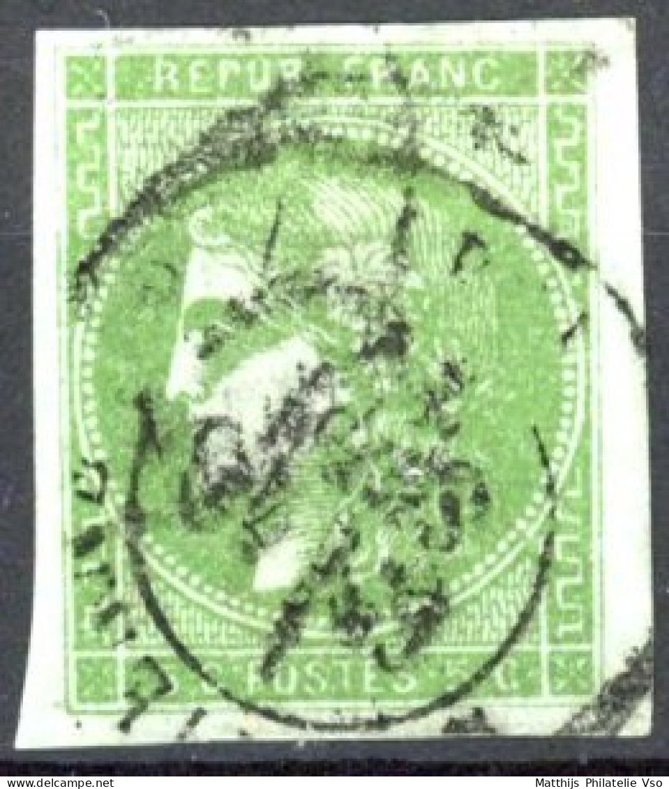 [O SUP] N° 42B, 5c Vert-jaune (report 2), Marges énormes. Signé JF Brun - TB Obl Centrale Càd - Cote: 220€ - 1870 Bordeaux Printing