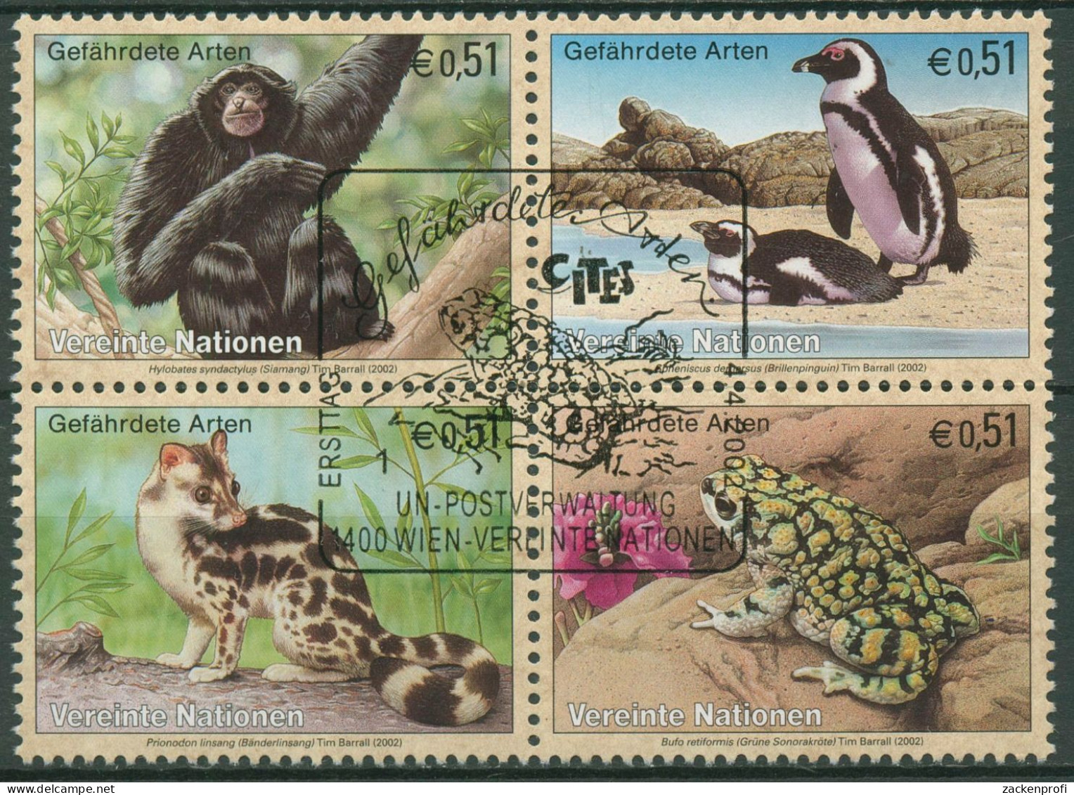 UNO Wien 2002 Gefährdete Tiere Siamang Pinguin Kröte 357/60 ZD Gestempelt - Gebraucht