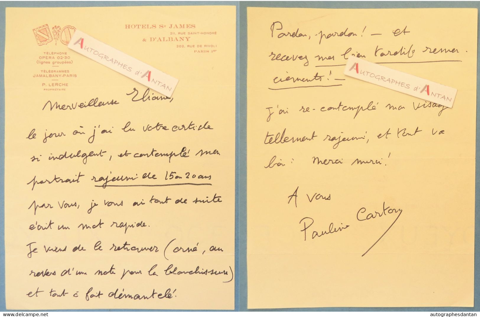 ● L.A.S Pauline CARTON comédienne - Eliane - Hôtels St James / d'Albany - née à Biarritz - lettre autographe