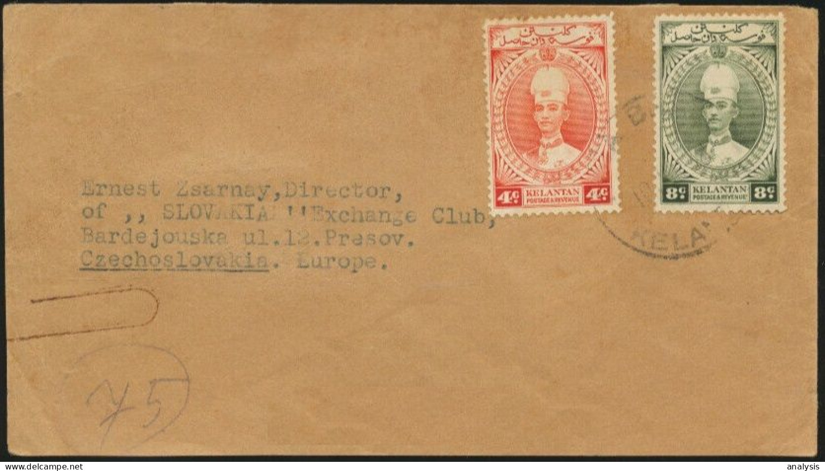 Malaya Kelantan Kota Bahru Cover Mailed To Czechoslovakia 1938. 12c Rate. Malaysia - Kelantan