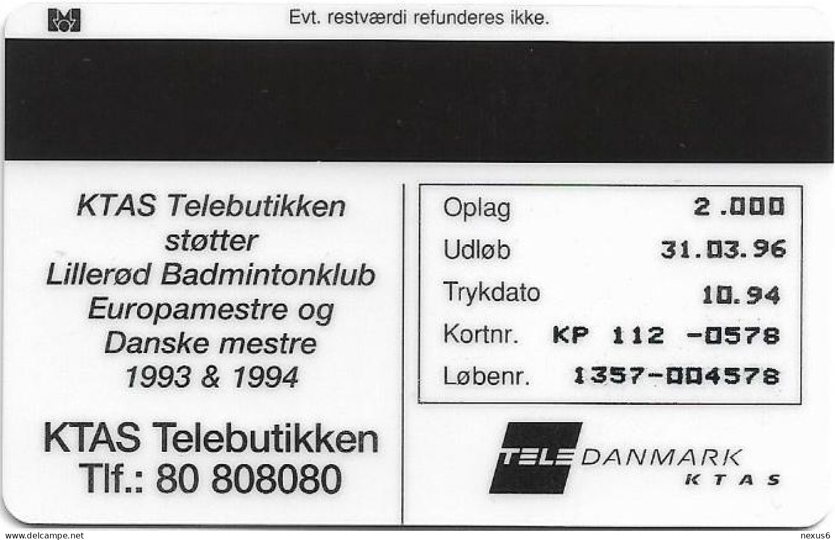 Denmark - KTAS - Lilleroed Badminton Club - TDKP112 - 10.1994, 5kr, 2.000ex, Used - Denmark