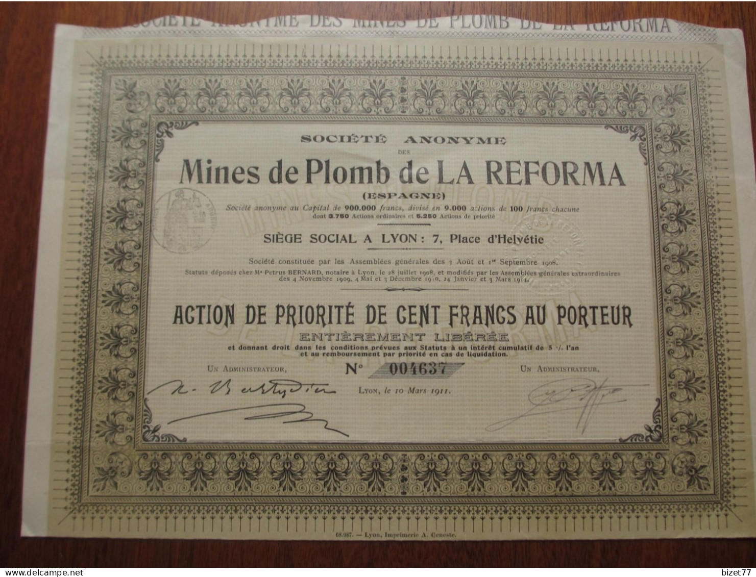 ESPAGNE - MINES DE PLONB DE LA REFORMA - ACTION DE PRIORITE DE 100 FR  - LYON 1911 - Autres & Non Classés