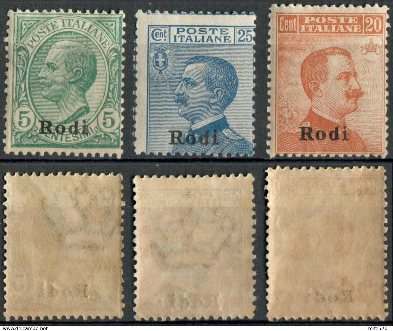 REGNO COLONIE EGEO RODI 1916/19 TRE FRANCOBOLLI C. 5 / C. 25 / C. 20 SOPRASTAMPATI 'RODI' NUOVI MNH ** SASSONE 2-5-12 - Ägäis (Rodi)