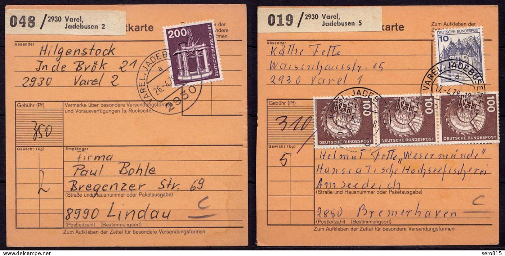 VAREL - JADEBUSEN 1978 Auf 2 Paketkarten     (b970 - Autres & Non Classés