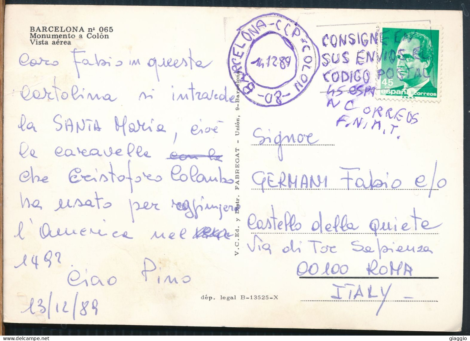 °°° 31030 - SPAIN - BARCELONA - MONUMENTO A COLON - VISTA AEREA - 1989 With Stamps °°° - Barcelona