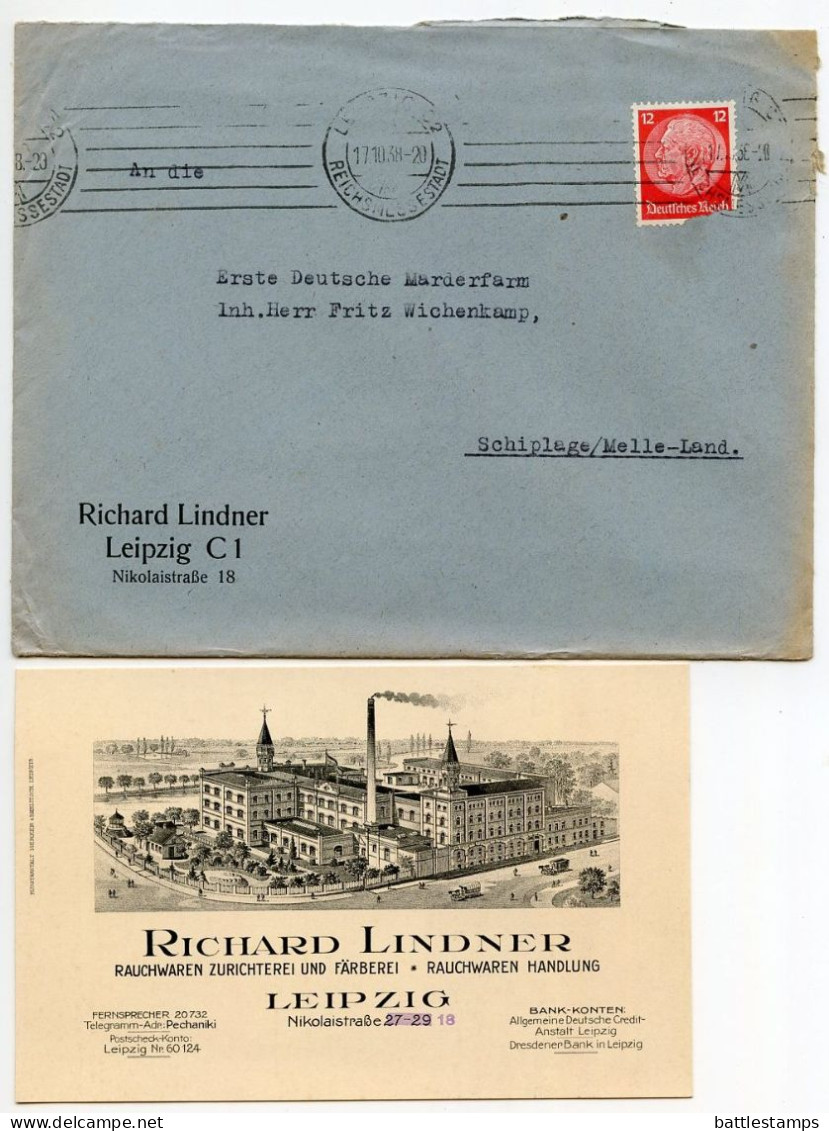 Germany 1938 Cover W/ Letter & Business Card; Leipzig - Richard Linder, Rauchwaren-Zurichterei; 12pf. Hindenburg - Briefe U. Dokumente