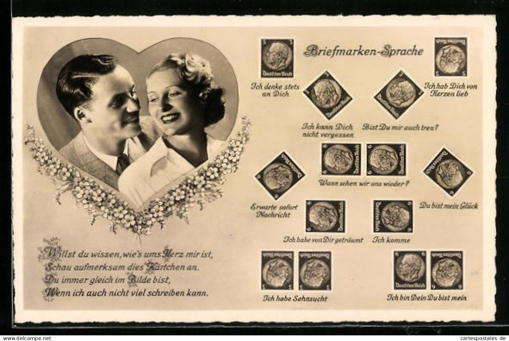 AK Briefmarkensprache, Ich Denke Stets An Dich, Ich Habe Dich Von Herzen Lieb, Du Bist Mein Glück, Ich Habe Sehnsucht  - Timbres (représentations)