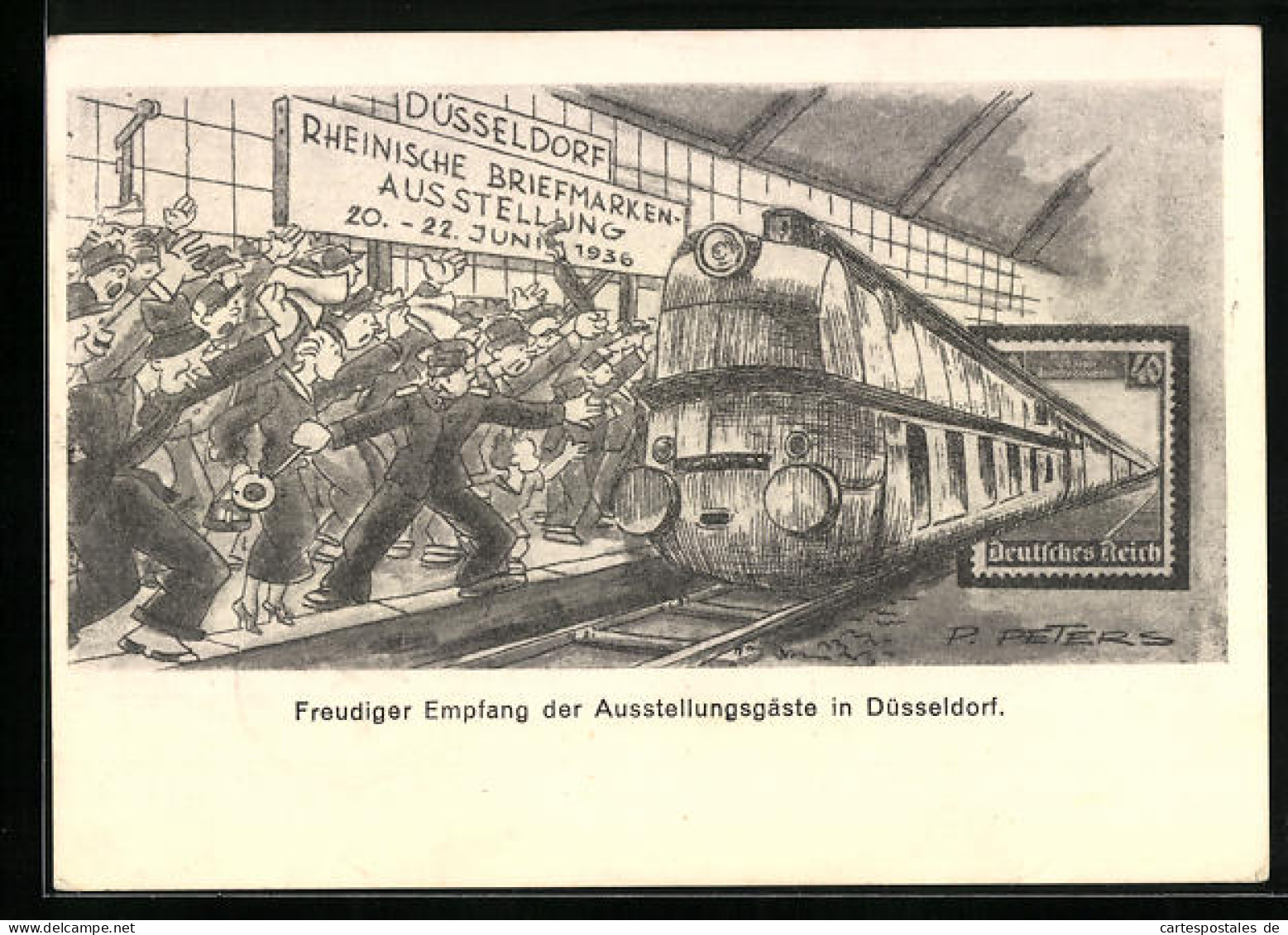 Künstler-AK Düsseldorf, Rheinische Birefmarkenausstellung 1936, Ganzsache  - Timbres (représentations)