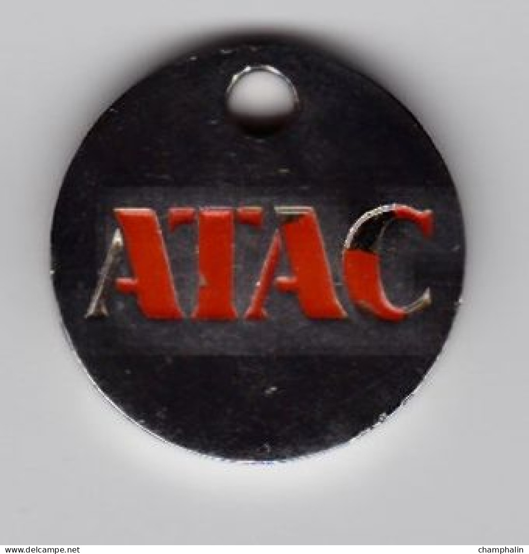 Jeton De Caddie En Métal - Atac - Supermarché - Grande Surface - Fond Chrome + Nom Rouge - Supermarché En Vert Au Dos - Trolley Token/Shopping Trolley Chip