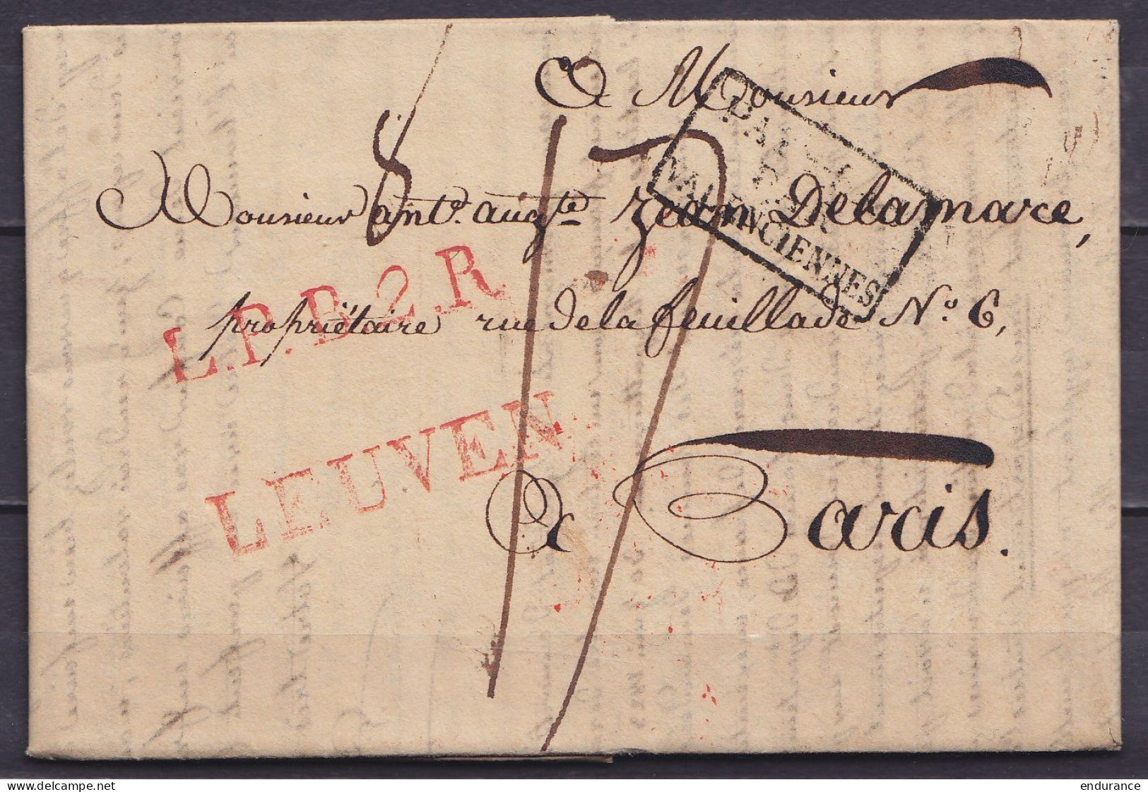 L. Datée 26 Avril 1825 De LOUVAIN Pour PARIS - Griffes "LEUVEN" & "L.P.B.2.R." & [PAYS-BAS PAR VALENCIENNES] -port "17"  - 1815-1830 (Hollandse Tijd)