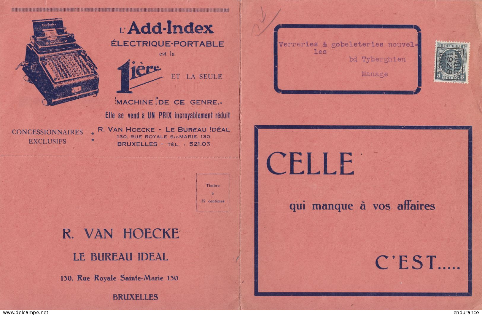 Carte Pub "Machines à Calculer Add-Index" Affr. PREO Houyoux 5c [LIEGE /1928/ LUIK] Pour MANAGE - Typos 1922-31 (Houyoux)