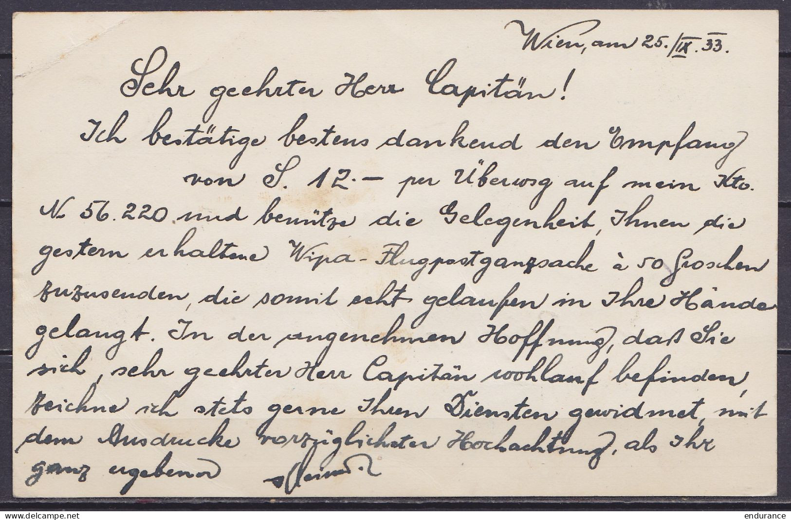 Autriche - EP CP 50g "2e Congrès Européen Des Négociants En Timbres-poste Vienne 23 Juin 1933" (train) Par Avion Càpt "1 - Lettres & Documents