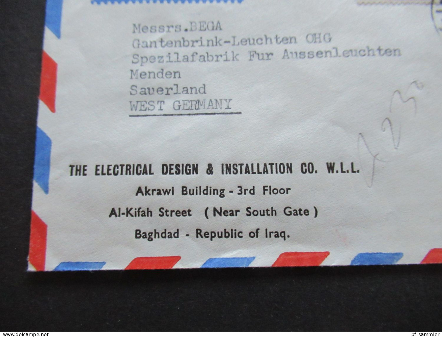 Irak Iraq 1966 By Air Mail Baghdad - Menden Umschlag The Elecrical Design & Installlation Co. Akrawi Building / 3 Belege - Iran