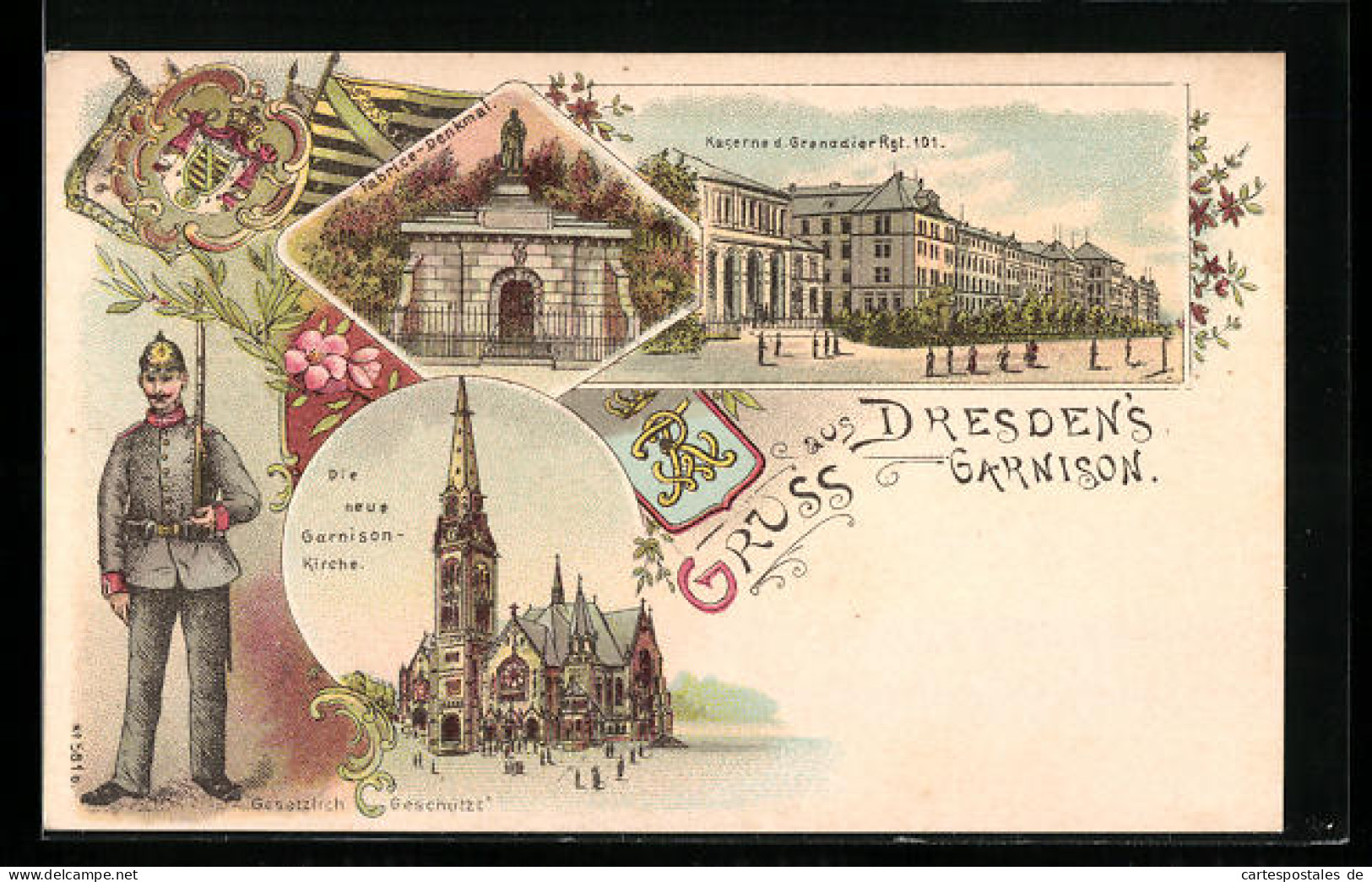 Lithographie Dresden-Neustadt, Kaserne Des Grenadier-Rgt. 101, Fabrice-Denkmal, Neue Garnisonkirche, Wappen  - Dresden