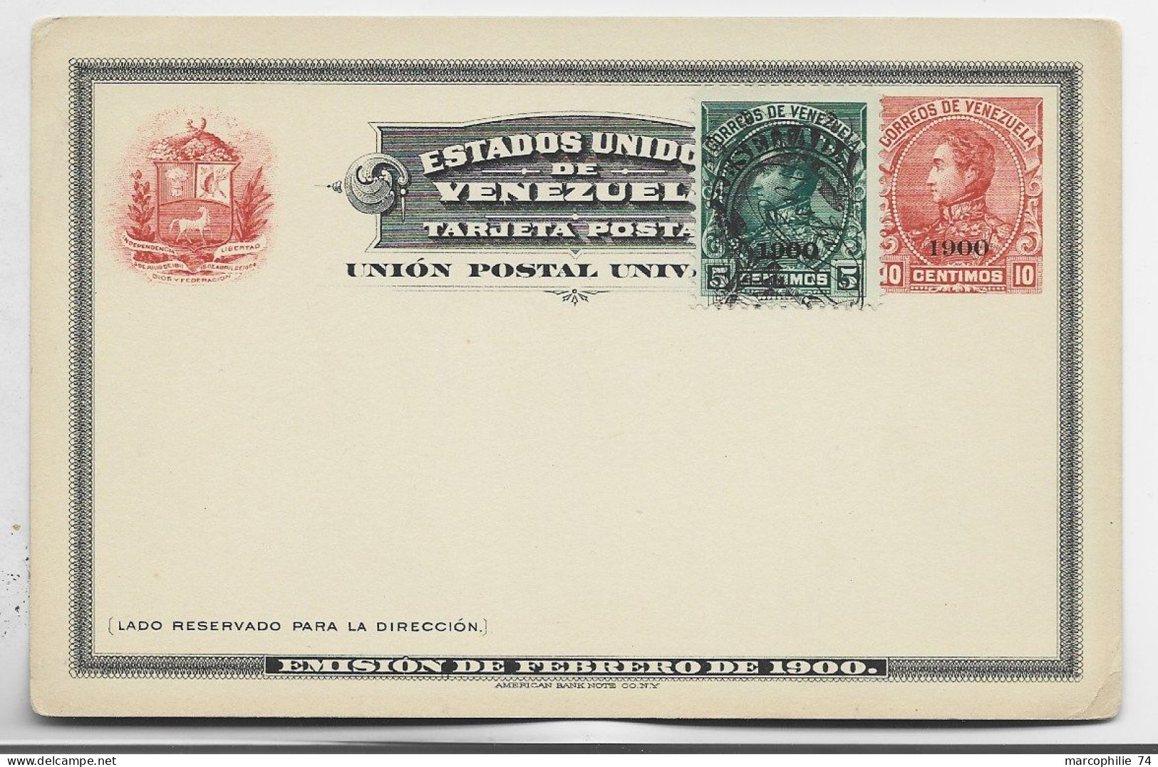 VENEZUELA ENTIER 10C UPU TARJETA POSTALE + 5C 1900 NEUF - Venezuela