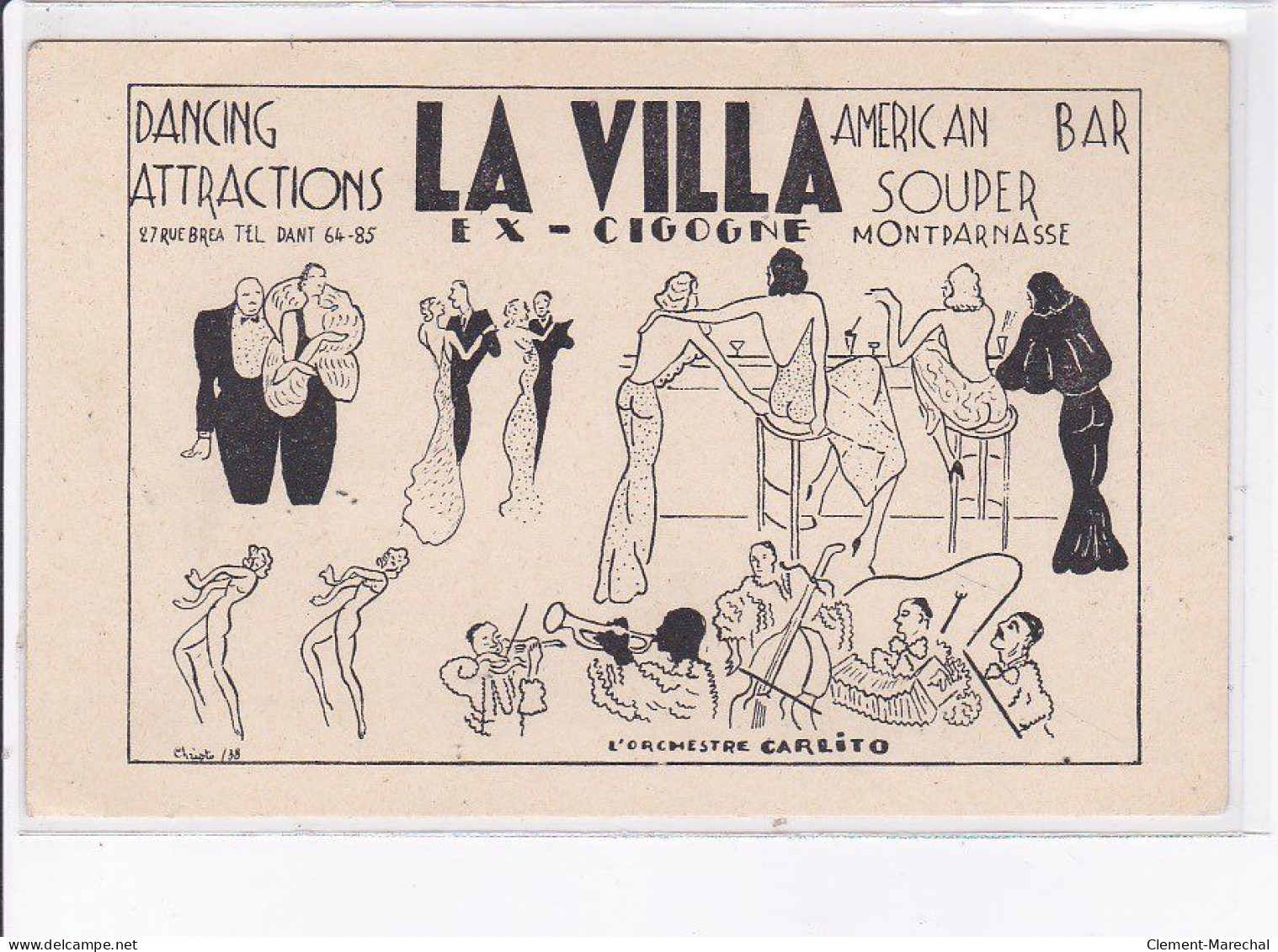 PUBLICITE : La Villa  (ex-cigogne)- Dancing American Bar à Montparnasse (Paris) - Orchestre Carlito - Très Bon état - Publicité