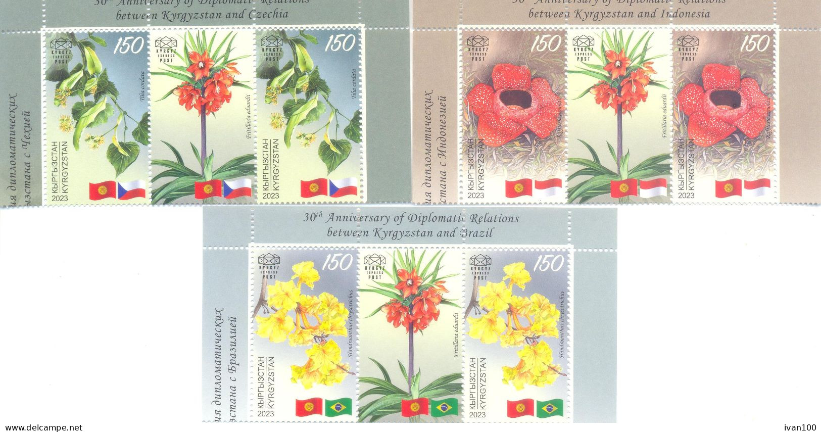 2024.Kyrgyzstan, 30y Of Diplomatic Relations With Brazil, Indonesia, Czechis,  2 Sets With Labels,  Mint/** - Kyrgyzstan