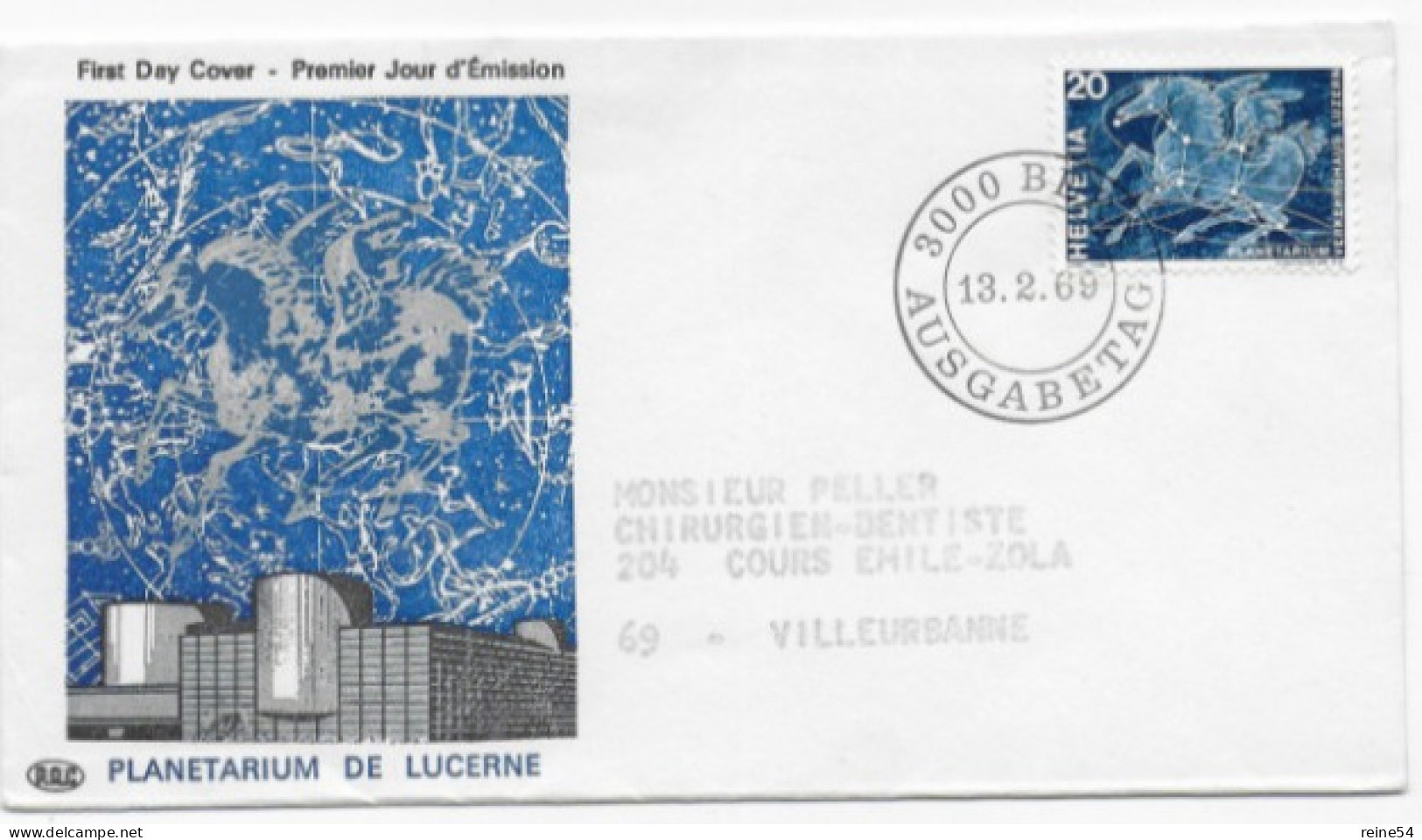 Enveloppe Premier Jour - Planetarium De Lucerne 13-02-1969  Bern Ausgabetag Timbre Helvetia (circulé) - Gebruikt