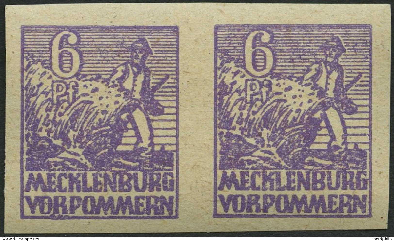 MECKLENBURG-VORPOMMERN 33yeU Paar **, 1946, 6 Pf. Grauviolett, Graues Papier, Ungezähnt, Im Waagerechten Paar, Rückseiti - Sonstige & Ohne Zuordnung