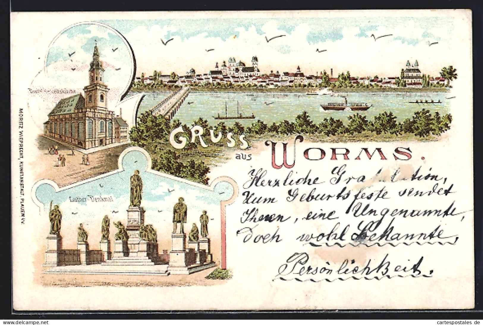 Lithographie Worms, Luther Denkmal, Dreifaltigkeitskirche, Flusspanorama  - Worms