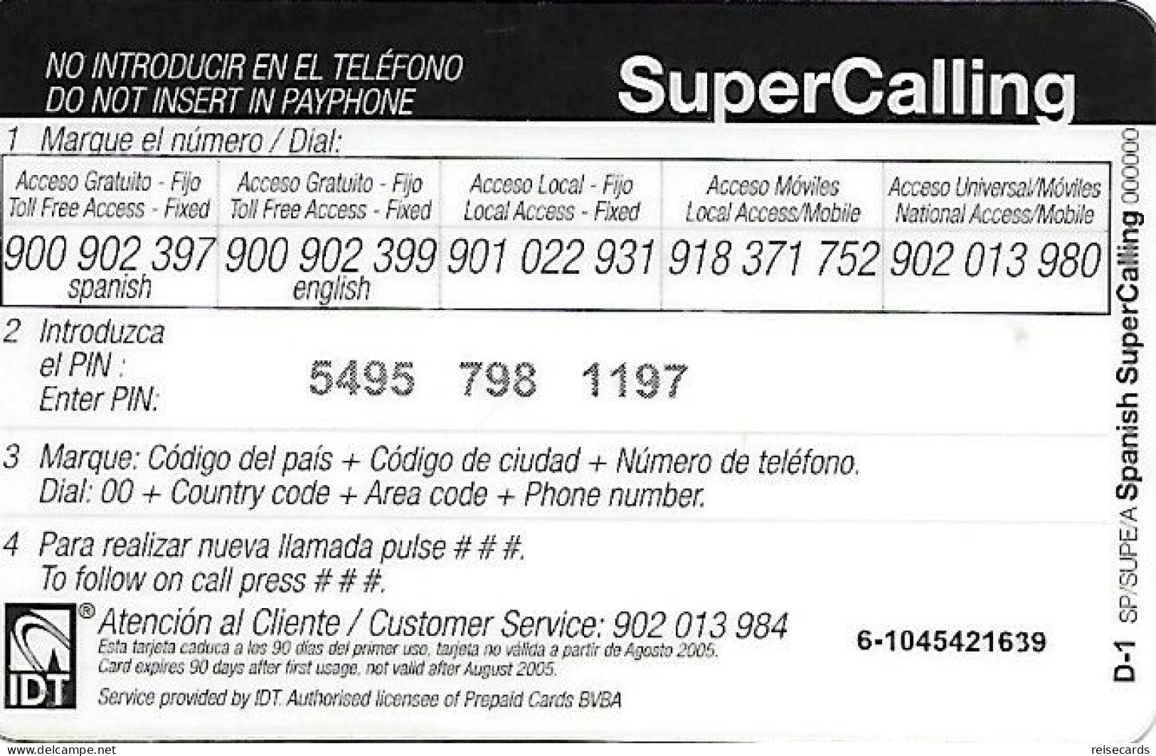 Spain: Prepaid IDT - SuperCall € 6 08.05 - Other & Unclassified