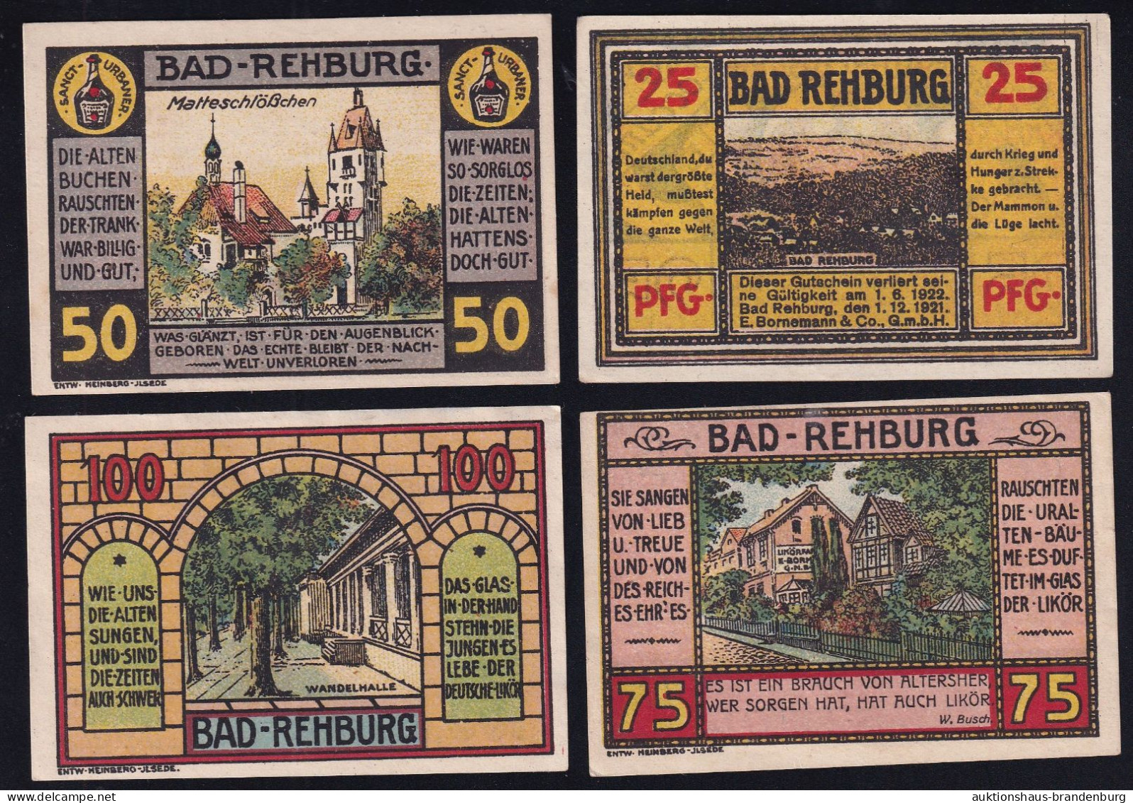 4x Bad Rehburg: 25, 50, 75 + 100 Pfg. 1.12.1921 - E. Bornemann - Colecciones