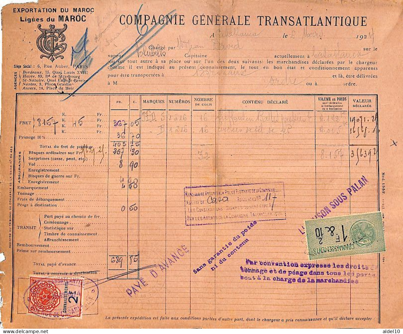 Connaissement  Casablanca à Bordeaux 1924 Avec Timbre Fiscal Connaissement Royaume Maroc 2 F Et France 1 F 2/10 - Brieven En Documenten