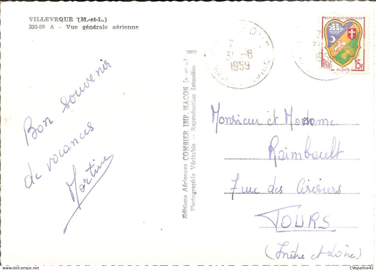 VILLEVÊQUE (49) Vue Générale Aérienne En 1959  CPSM GF - Sonstige & Ohne Zuordnung