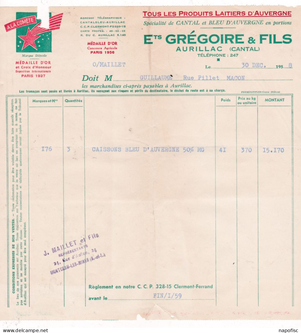 15-Grégoire & Fils..Produits Laitiers D'Auvergne,.. Cantal & Bleus.....Aurillac...(Cantal)...1958 - Alimentaire