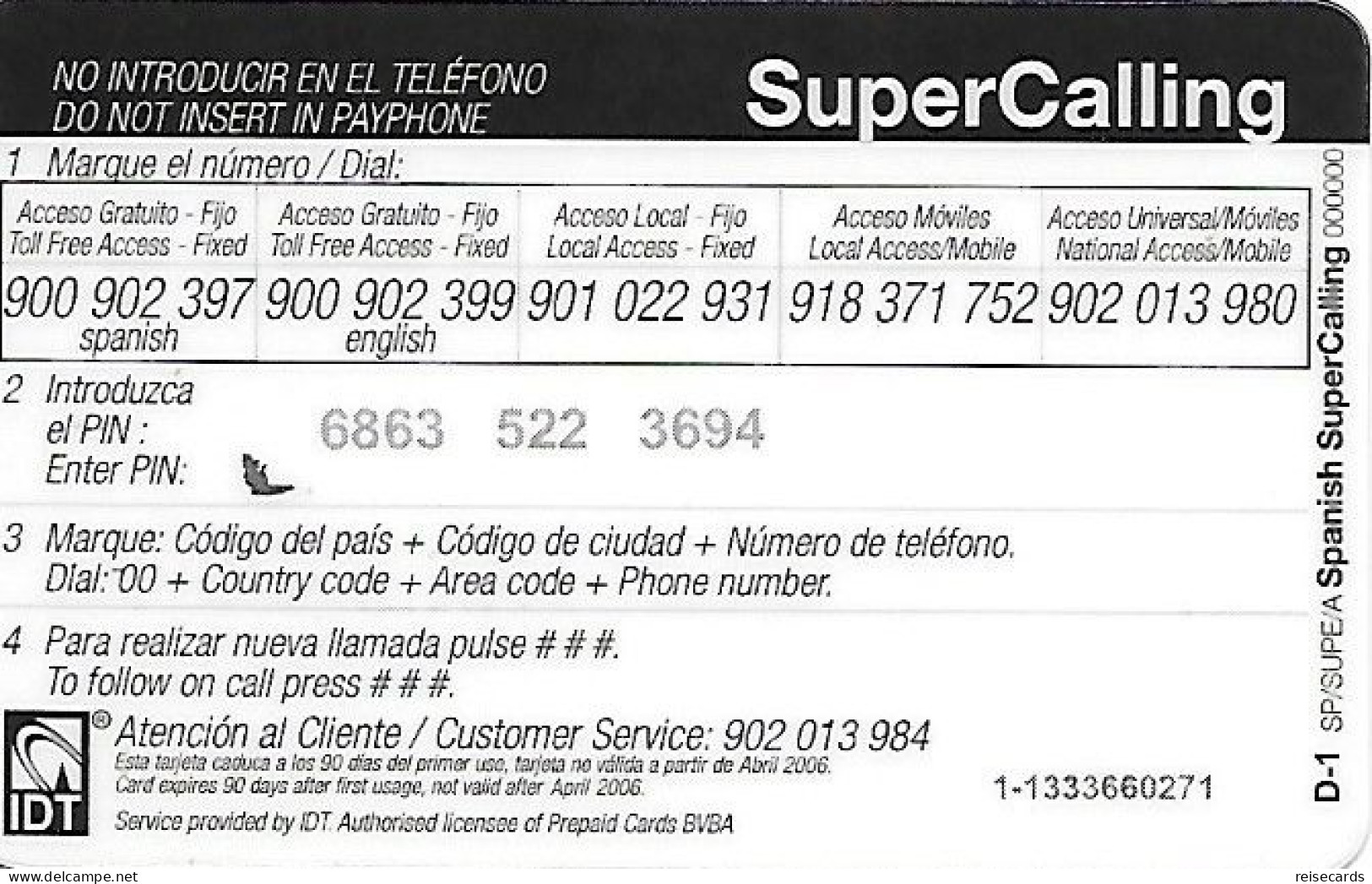 Spain: Prepaid IDT - SuperCall € 1 04.06 - Andere & Zonder Classificatie