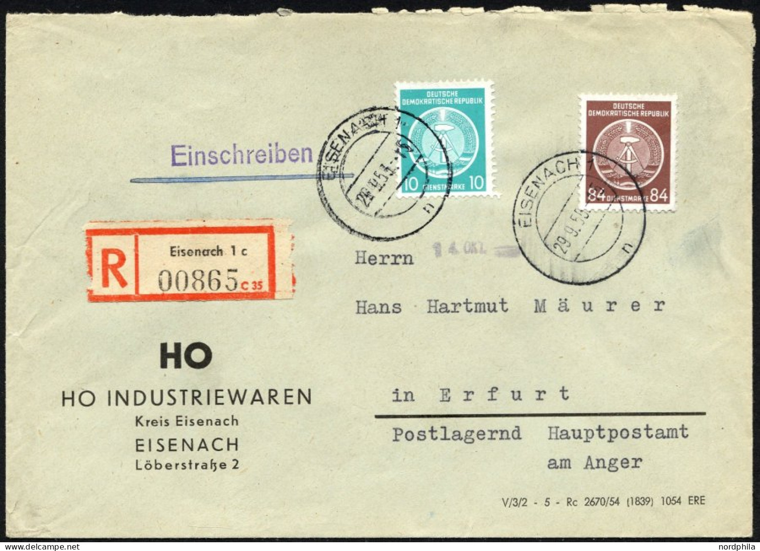 DIENSTMARKEN A D 4,17 BRIEF, 1955, 84 Pf. Lebhaftrötlichbraun Mit 10 Pf. Zusatzfrankatur Auf Einschreibbrief, Pracht - Other & Unclassified