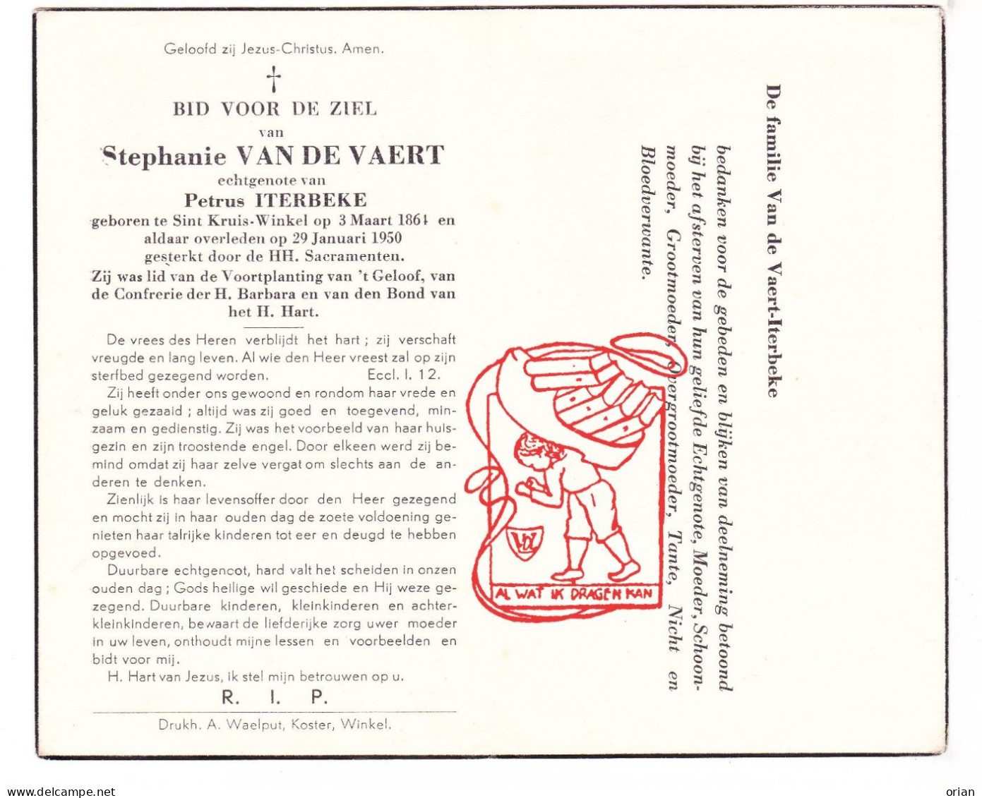 DP Stephanie Van De Vaert ° Sint-Kruis-Winkel Gent 1861 † 1950 X Petrus Iterbeke - Devotieprenten