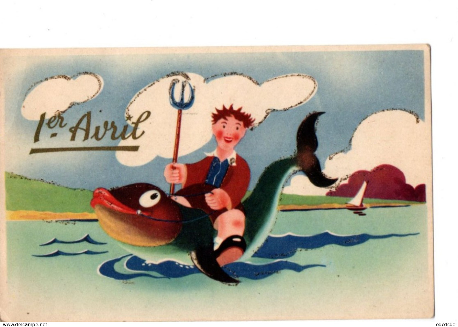 1er Avril Illustrateur Homme  Avec Untrident à Cheval Sur Un Poisson RV - 1 De April (pescado De Abril)