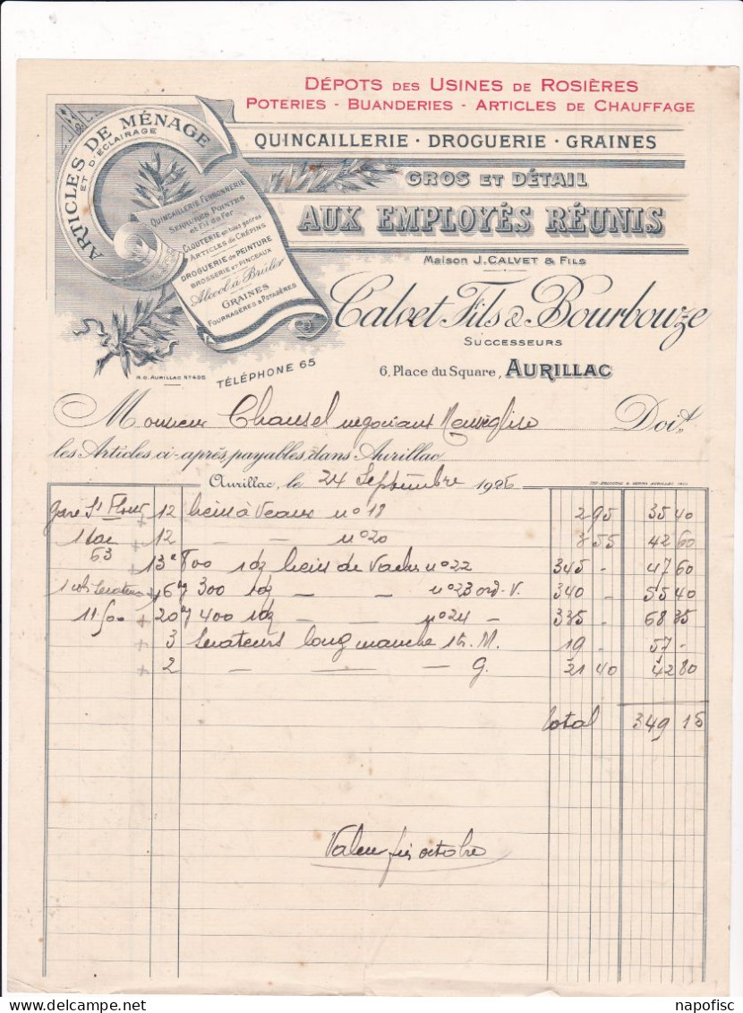 15-Calvet Fils & Bourbouze...Quincaillerie, Droguerie, Graines....Aurillac...(Cantal)...1926 - Sonstige & Ohne Zuordnung