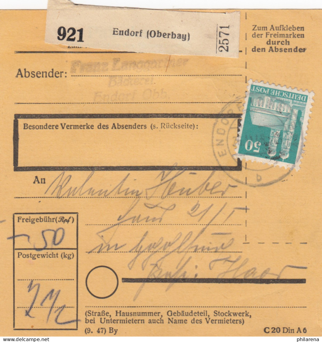 BiZone Paketkarte 1948: Endorf, Bäckerei Langgartner, Nach Haar: Stempel 1937 !! - Briefe U. Dokumente