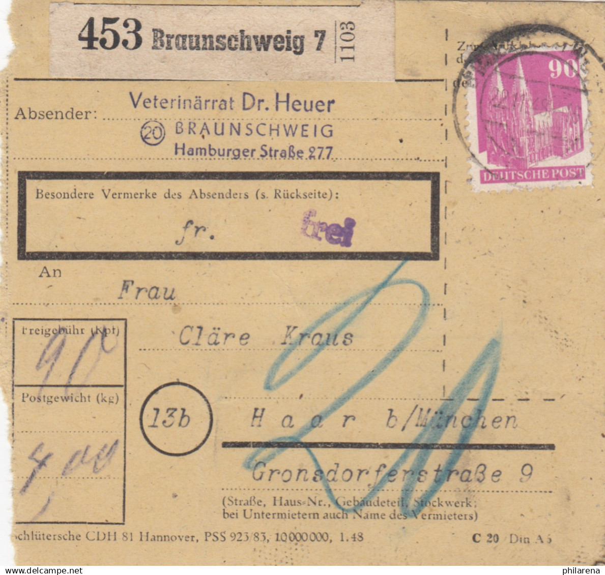 BiZone Paketkarte 1948 Braunschweig Nach Haar, Selbstbucher Mit Wert, Nachgebühr - Covers & Documents