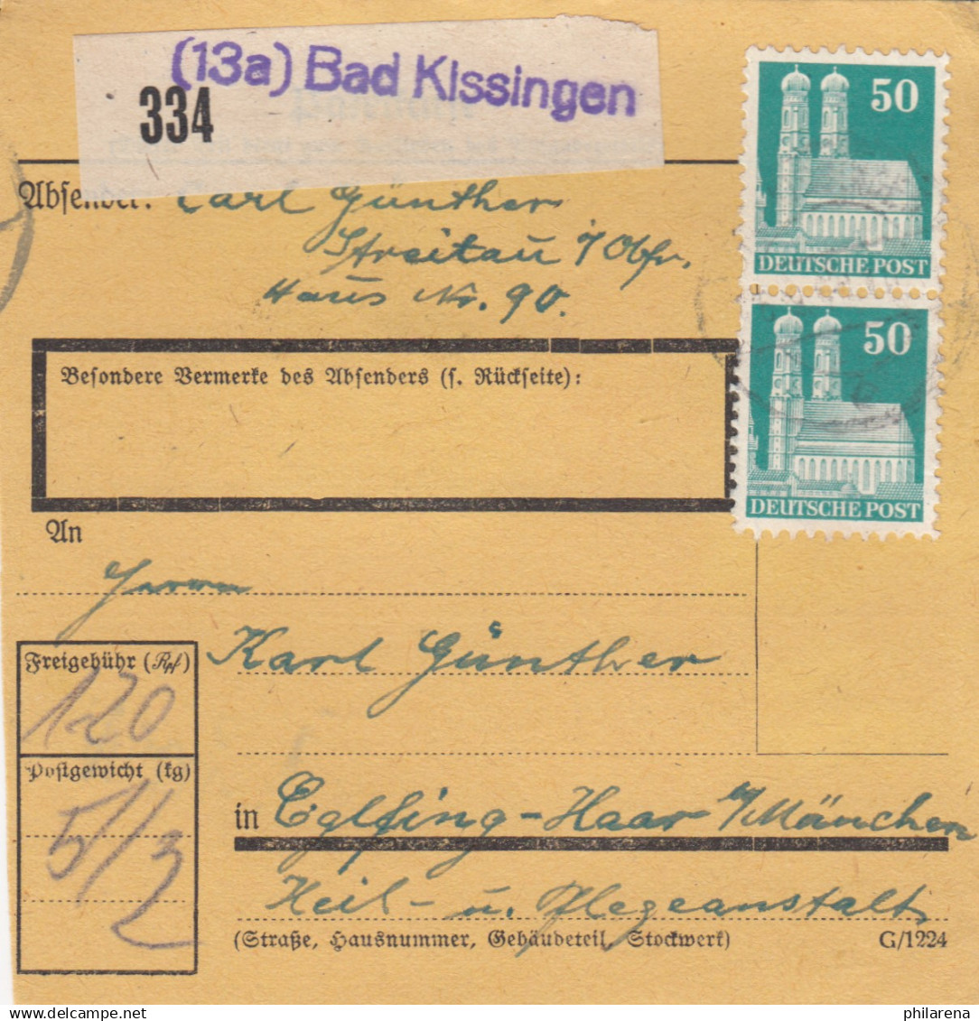 BiZone Paketkarte 1948: Bad Kissingen Nach Eglfing-Haar, Heil- U. Pflegeanstalt - Lettres & Documents