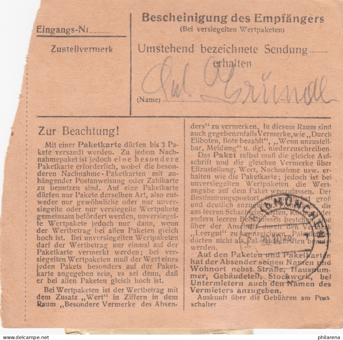 BiZone Paketkarte: Törwang Nach Haar-Eglfing, Heilanstalt - Cartas & Documentos