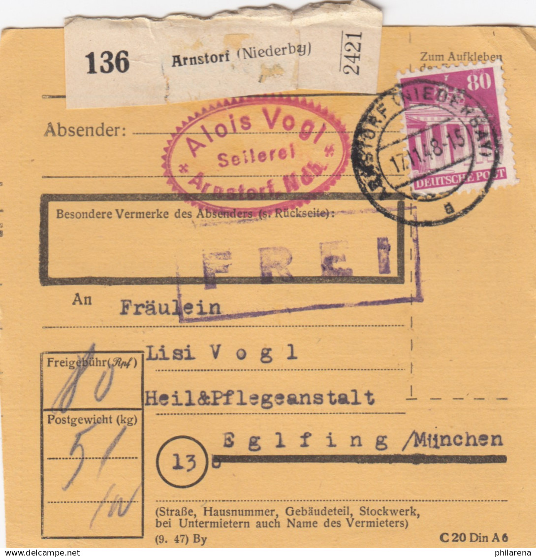 BiZone Paketkarte 1948: Arnstorf Nach Eglfing, Heilanstalt - Briefe U. Dokumente