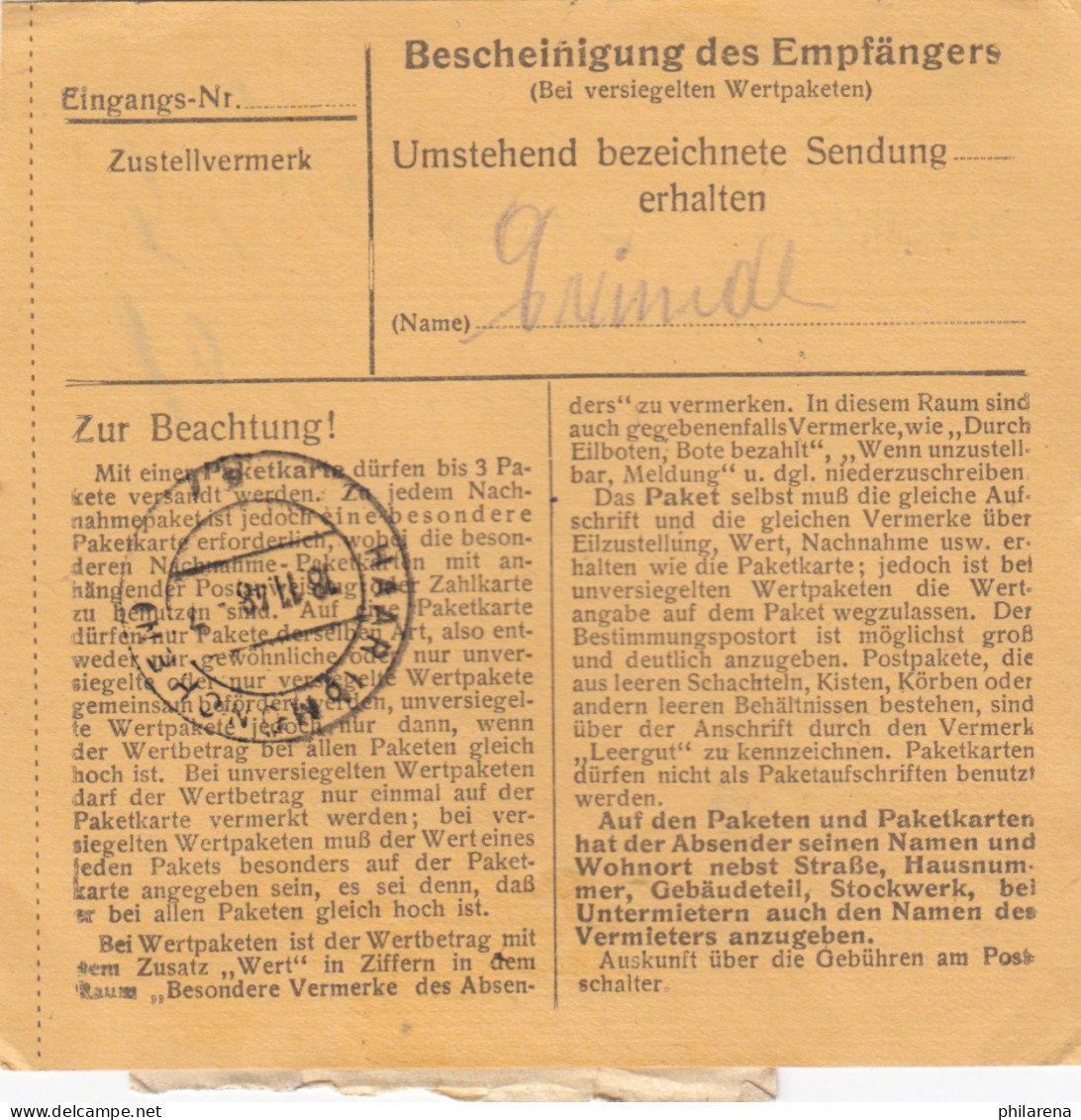 BiZone Paketkarte 1948: Arnstorf Nach Eglfing, Heilanstalt - Briefe U. Dokumente