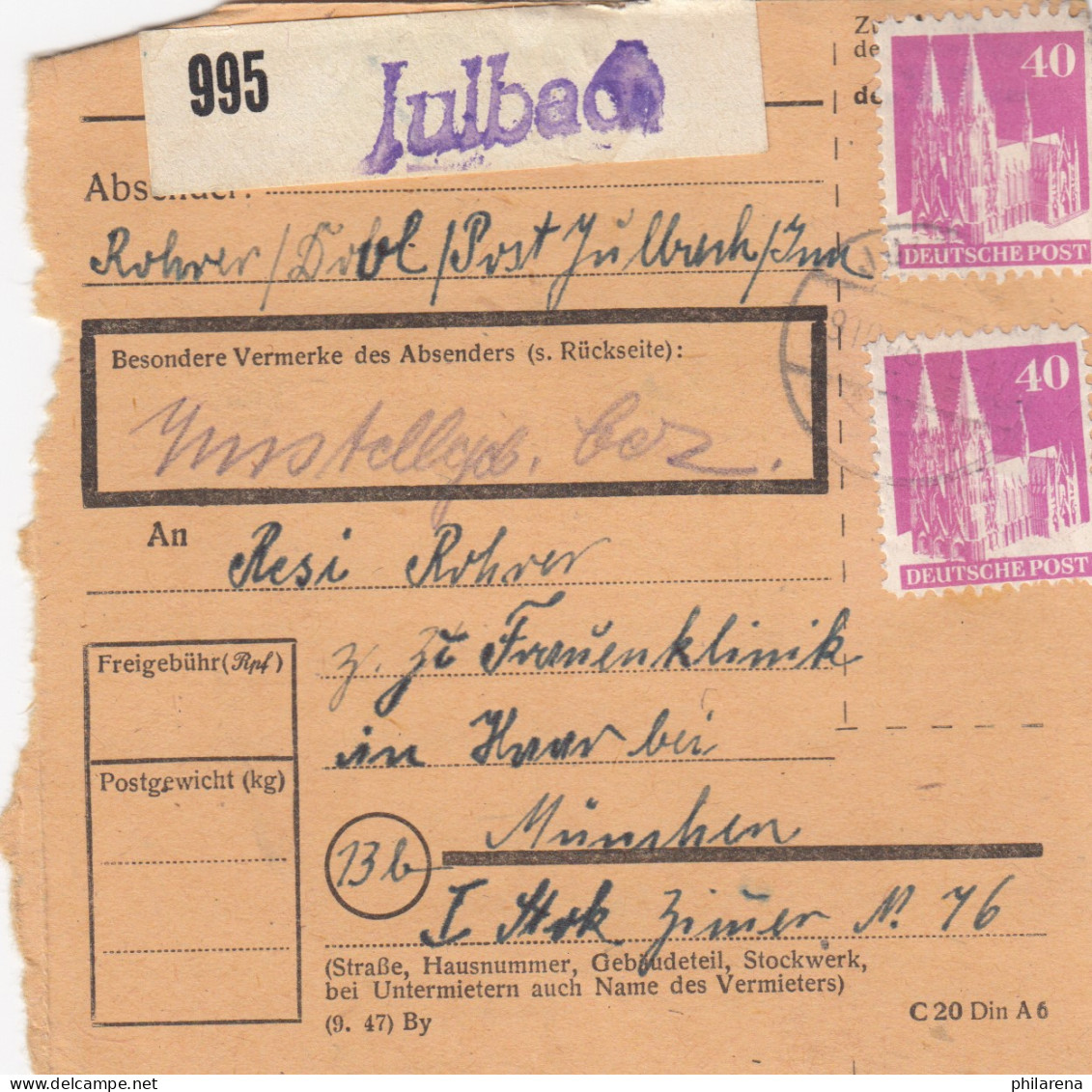 BiZone Paketkarte 1948: Julbach Nach Haar, Frauenklinik - Cartas & Documentos