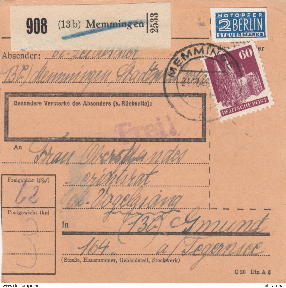 BiZone Paketkarte 1948: Memmingen Nach Gmund A. Tegernsee - Lettres & Documents