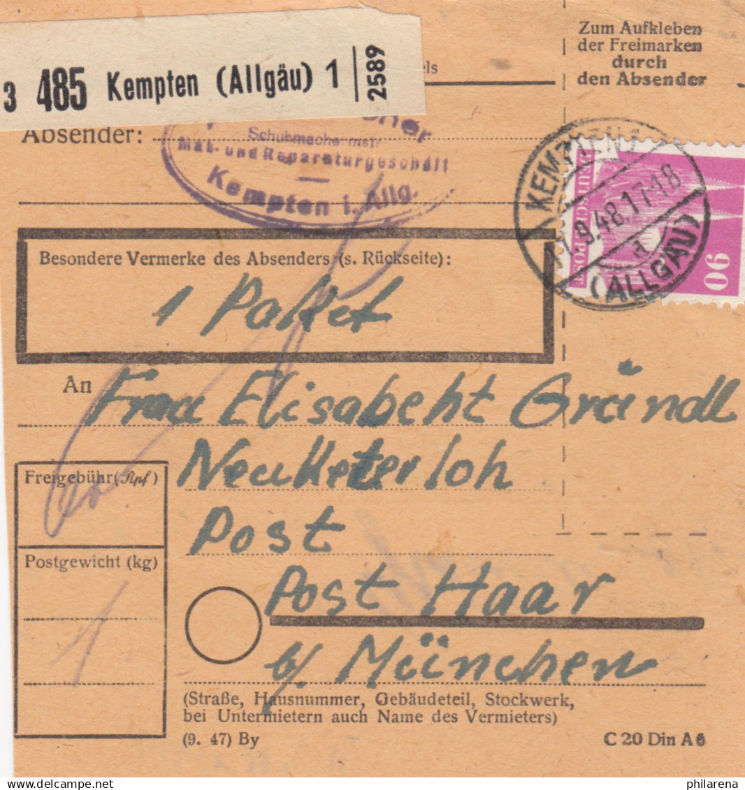 BiZone Paketkarte 1948: Kempten Nach Post Haar Bei München - Covers & Documents